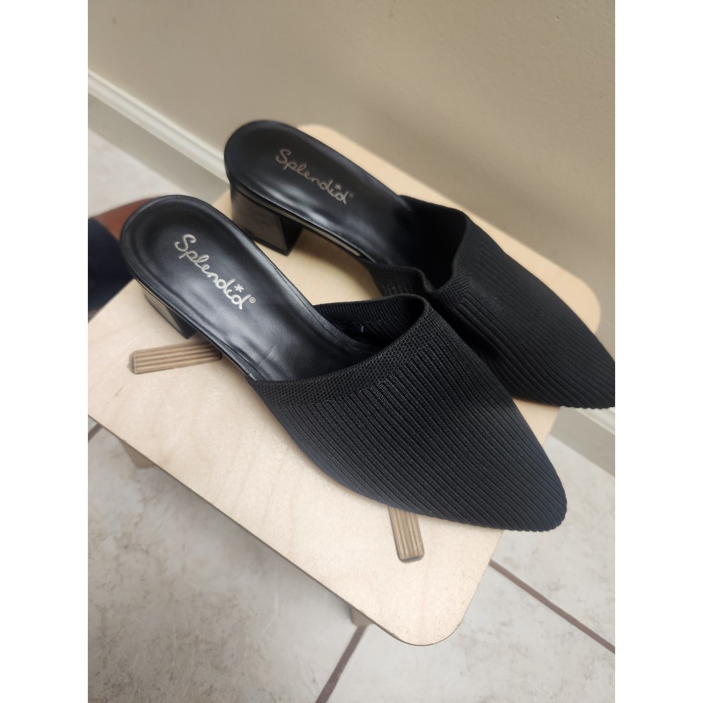 Splendid Lunelli Black Ribbed Knit Pointed Toe Block Heel‎ Mules Womens 6.5